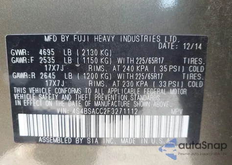 2015 Subaru Outback 2.5I Premium z USA, uszkodzony, nr VIN 4S4BSACC2F3271112